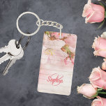 Monogram roze pastel kersenbloemen sleutelhanger<br><div class="desc">Zachte,  bleke en delicate Cherry-bloesems,  grote bloemen op een roze roze wand. Sjabloon voor Uw monogram en naam,  roze letters. Feminine en elegant.</div>