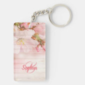 Monogram roze pastel kersenbloemen sleutelhanger (achterkant)