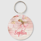 Monogram roze pastel kersenbloemen sleutelhanger (Achterkant)