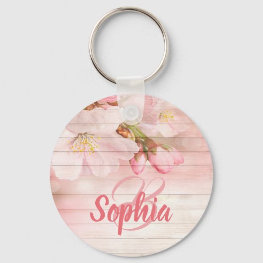 Monogram roze pastel kersenbloemen sleutelhanger (Achterkant)