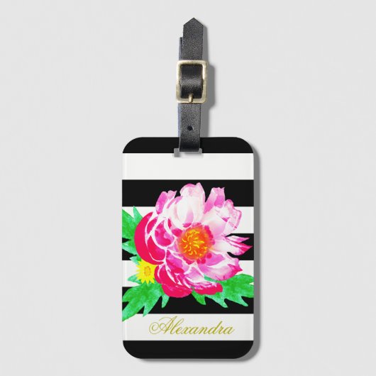 Monogram Roze Peony Black & White Bagagelabel (Voorkant (verticaal))