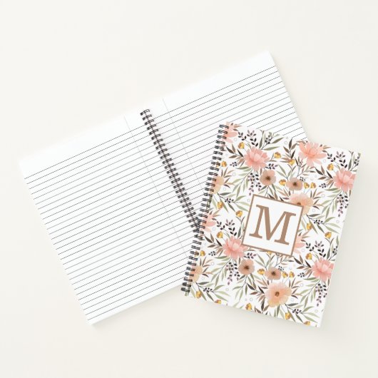Monogram Roze Perzik Olijfbruin Bloempatroon Notitieboek (Binnen)