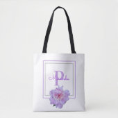 Monogram roze pioen bloem dubbel ingelijst blauw tote bag (Voorkant)