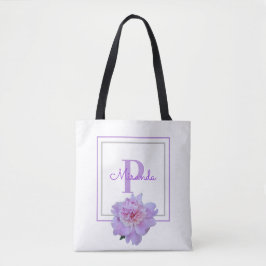 Monogram roze pioen bloem dubbel ingelijst blauw tote bag