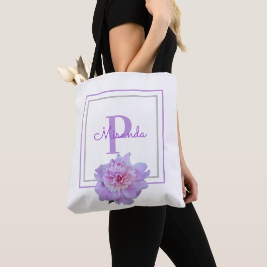 Monogram roze pioen bloem dubbel ingelijst blauw tote bag (Dichtbij)