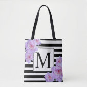 Monogram Roze Pioen Bloem Zwart Streep Canvas tas (Voorkant)