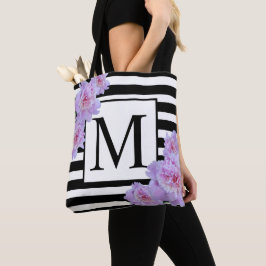 Monogram Roze Pioen Bloem Zwart Streep Canvas tas