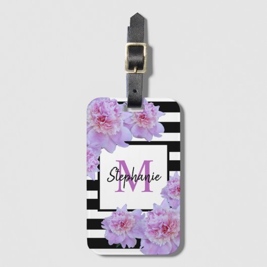 Monogram Roze Pioen Bloem Zwart Streep Paarse Bagagelabel (Voorkant (verticaal))