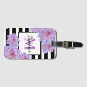 Monogram Roze Pioen Bloem Zwart Streep Paarse Bagagelabel (Voorkant (horizontaal))