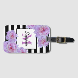 Monogram Roze Pioen Bloem Zwart Streep Paarse Bagagelabel