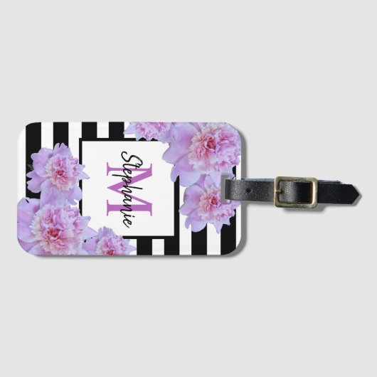 Monogram Roze Pioen Bloem Zwart Streep Paarse Bagagelabel (Voorkant (horizontaal))