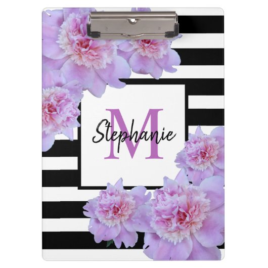 Monogram Roze Pioen Bloem Zwart Streep Paarse Klembord (Voorkant)