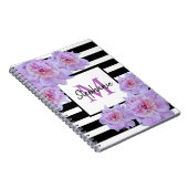 Monogram Roze Pioen Bloem Zwart Streep Paarse Notitieboek (Rechterzijde)