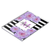 Monogram Roze Pioen Bloem Zwart Streep Paarse Notitieboek (Linkerzijde)