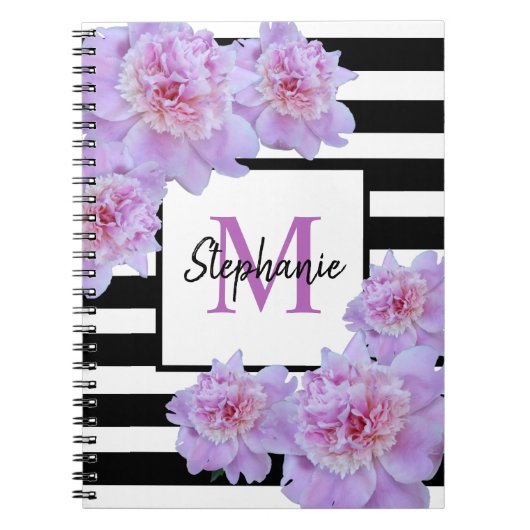 Monogram Roze Pioen Bloem Zwart Streep Paarse Notitieboek (Voorkant)