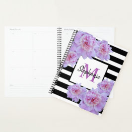 Monogram Roze Pioen Bloem Zwart Streep Paarse Planner