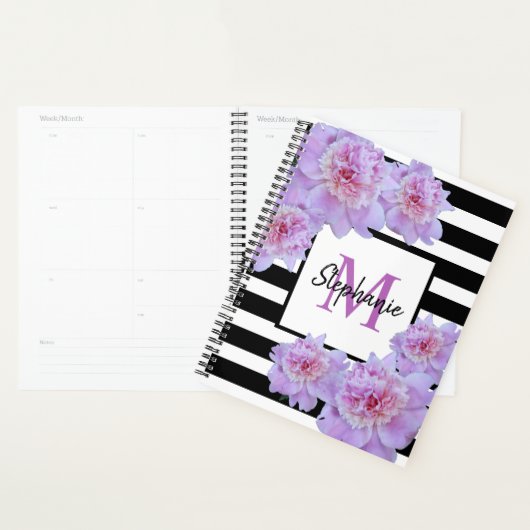Monogram Roze Pioen Bloem Zwart Streep Paarse Planner (Display)