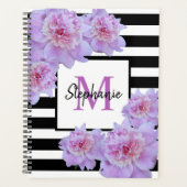 Monogram Roze Pioen Bloem Zwart Streep Paarse Planner (Voorkant)