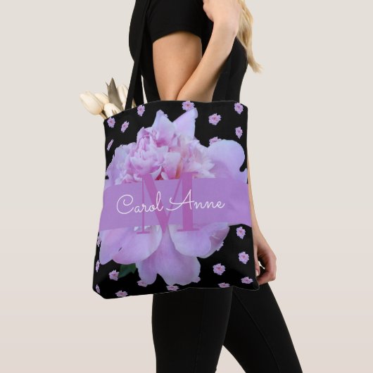 Monogram Roze Pioen Bloemen Paarse Classic Zwart Tote Bag (Dichtbij)
