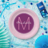 Monogram roze poladots papieren bordje (Feest)