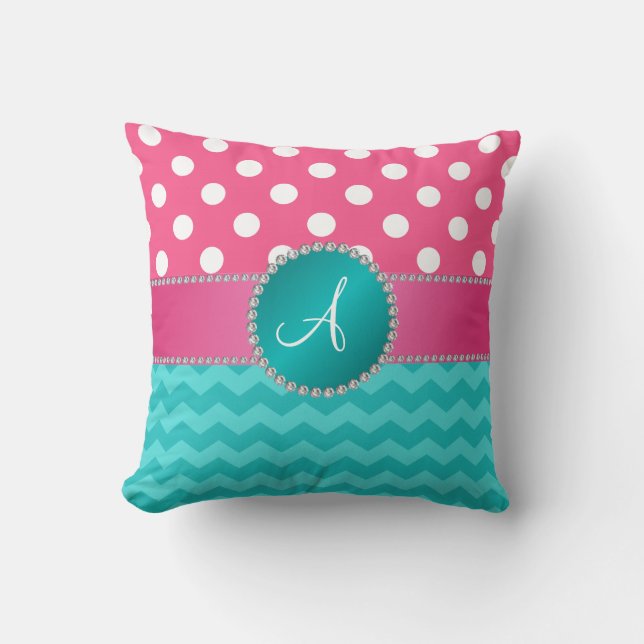 Monogram roze polka dots turquoise chevron sparkle kussen (Voorkant)
