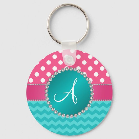 Monogram roze polka dots turquoise chevron sparkle sleutelhanger (Voorkant)