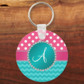 Monogram roze polka dots turquoise chevron sparkle sleutelhanger (Voorkant)