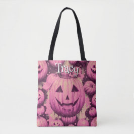 Monogram roze pompoen Halloween Tote Bag