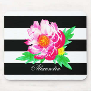 Monogram roze pony op zwart/witte mousepad muismat