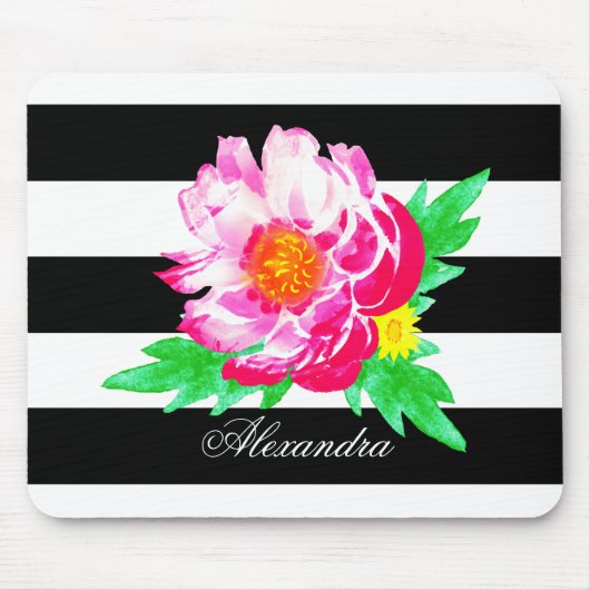 Monogram roze pony op zwart/witte mousepad muismat (Voorkant)