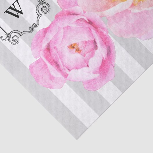 Monogram roze pony's en grijze stripes tissuepapier (Detail)