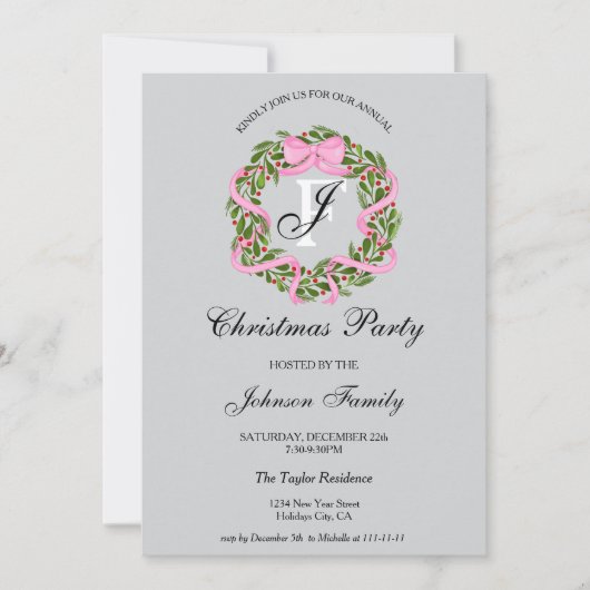 Monogram Roze Ribbon Krans Kerstdiner Party Kaart (Voorkant)
