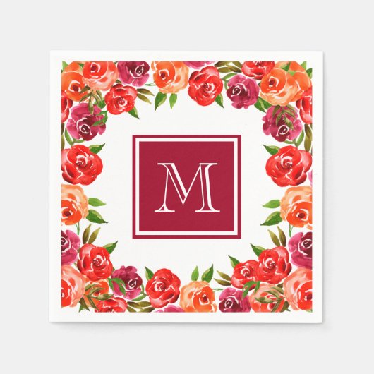 Monogram roze rode Oranje bloemen Servet (Voorkant)