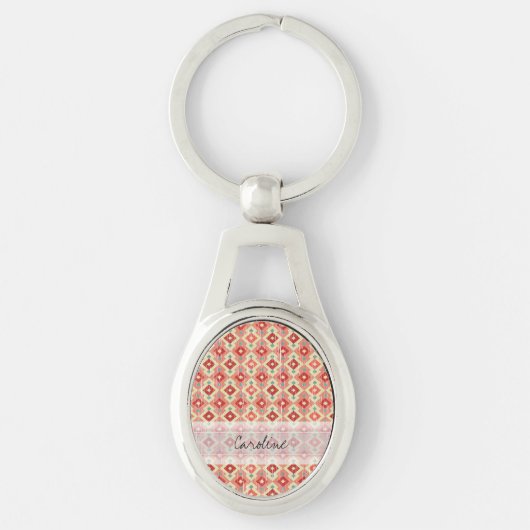 Monogram roze rood geo tribaal diamantpatroon sleutelhanger (Voorkant)