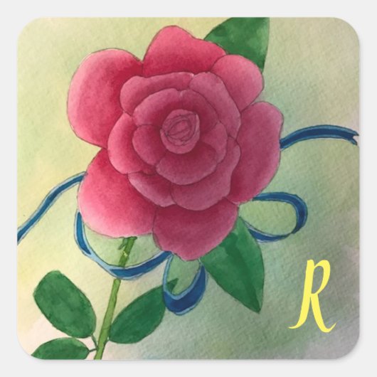 Monogram Roze Roos Blauwe Lint Waterverf Stickers (Voorkant)
