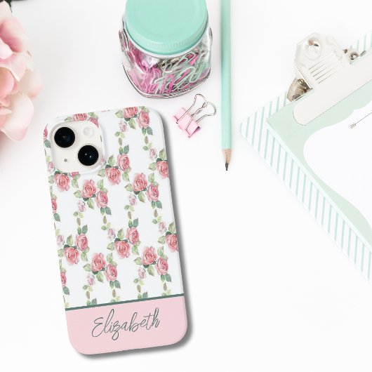 Monogram Roze Roos Bloemige Groene Bloemen Case-Mate iPhone Case