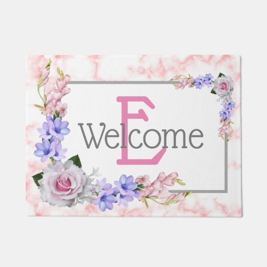 Monogram roze Rose Bouquet Welkom Deurmat (Voorkant)