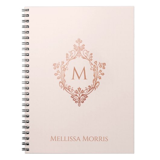 Monogram Roze Rose Goud Elegante Crest Naam Notitieboek (Voorkant)