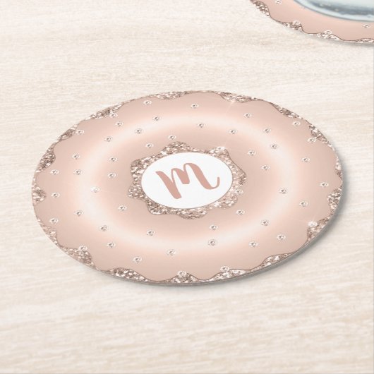 Monogram roze rosé goud glitter donut script ronde kartonnen onderzetter (Gebogen)