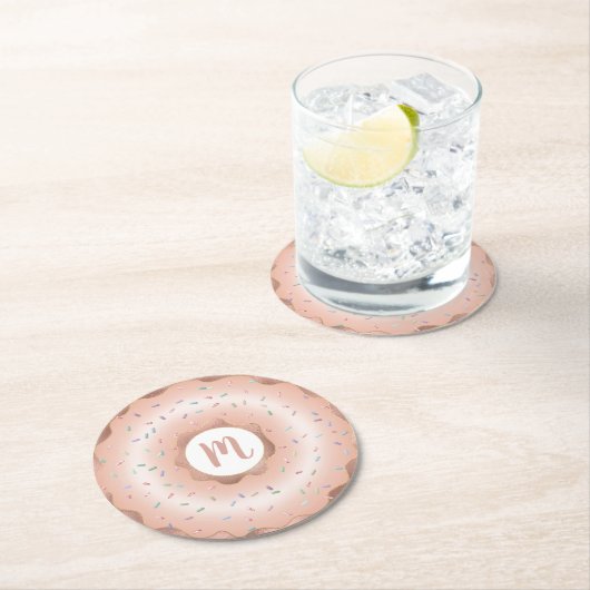 Monogram roze roségoud folie donut script glam ronde kartonnen onderzetter (Insitu)