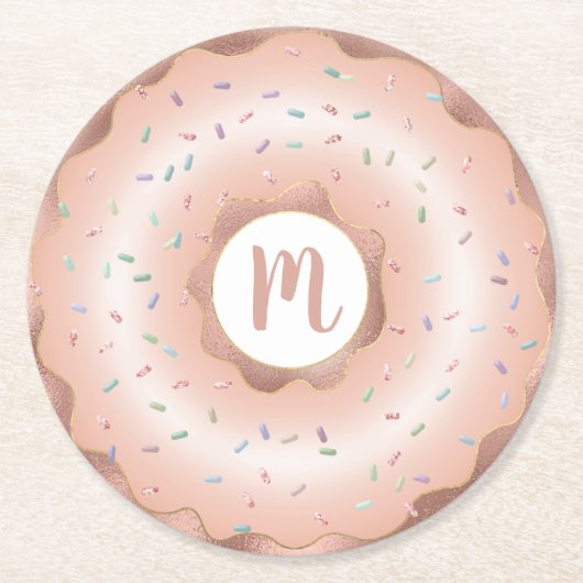 Monogram roze roségoud folie donut script glam ronde kartonnen onderzetter (Voorkant)