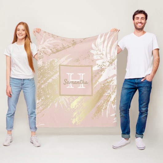 Monogram roze roze roze goudblaasbladeren fleece deken (In situ)