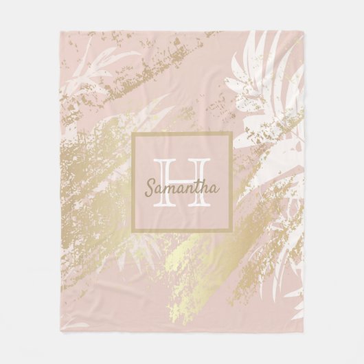 Monogram roze roze roze goudblaasbladeren fleece deken (Voorkant)