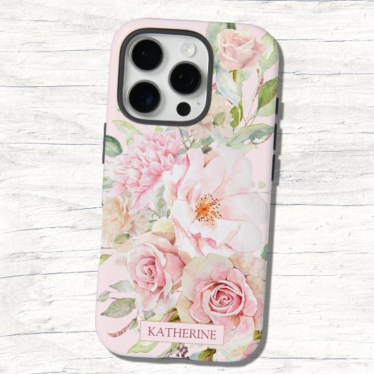 Monogram Roze Roze Waterverf Roos Bloem Bloemstuk  Case-Mate iPhone Case