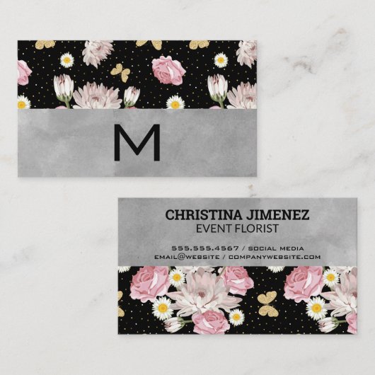 Monogram Roze Rozen Bloemen en Vlinders Visitekaartje (Voorkant / Achterkant)
