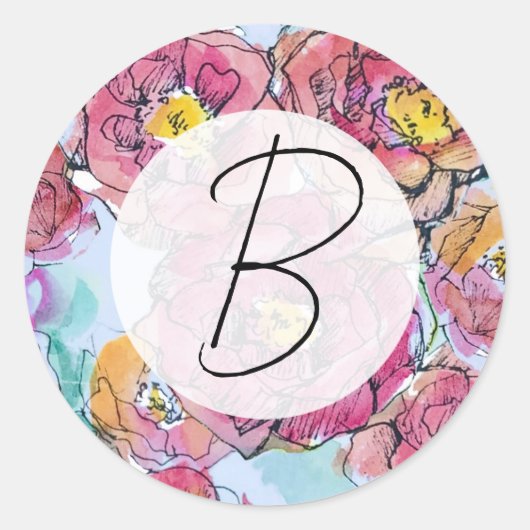 Monogram Roze Rozen Brief Schrijven Ronde Sticker (Voorkant)