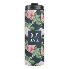 Monogram roze rozen Butterflies Aangepast donkergr Thermosbeker