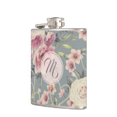 Monogram  roze rozen en parelharten heupfles (Links)