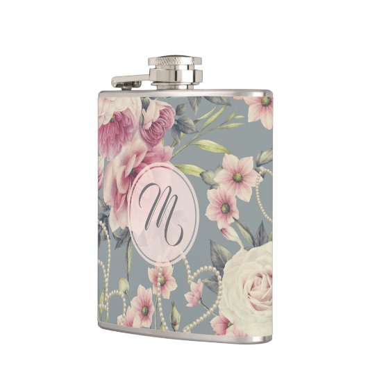 Monogram  roze rozen en parelharten heupfles (Links)