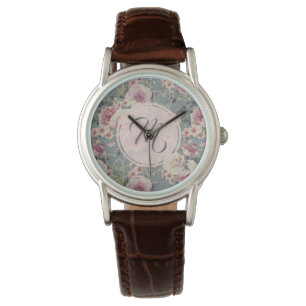 Monogram  roze rozen en parelharten horloge